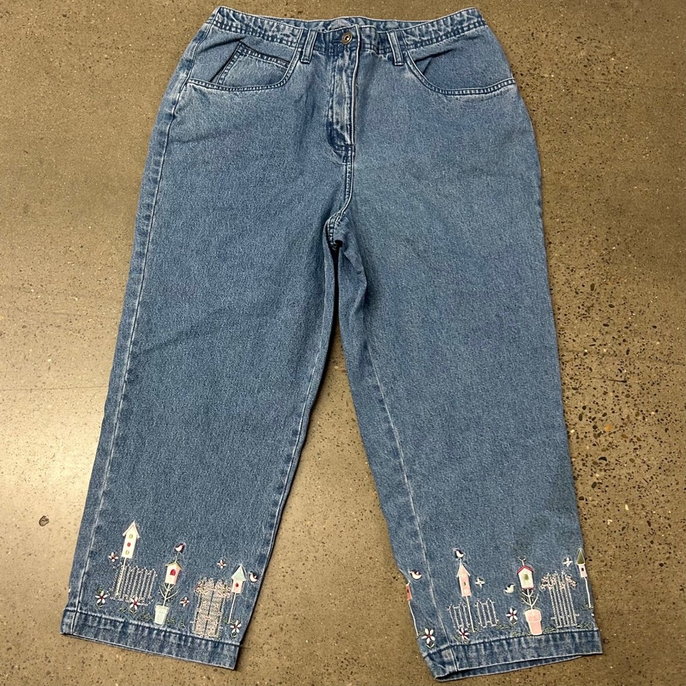 Y2K Embroidered Bird House Denim Capris Christopher & Banks Denim Cotton Summer